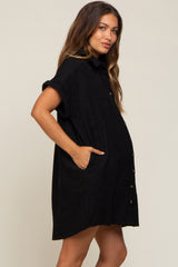 Black Ribbed Button Down Maternity Mini Dress