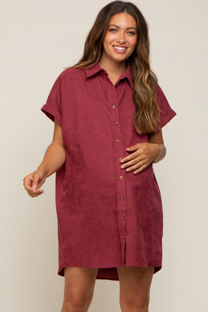 Burgundy Ribbed Button Down Maternity Mini Dress PinkBlush Burgundy Ribbed Button Down Maternity Mini Dress PinkBlush