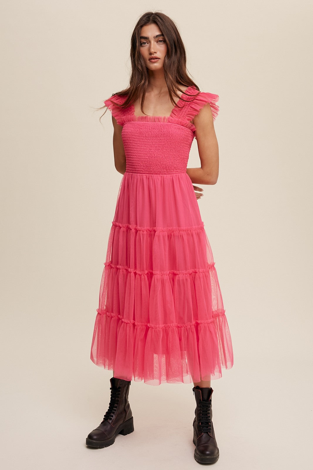 Hot Pink Smocked Ruffle Tiered Mesh Midi Dress – PinkBlush