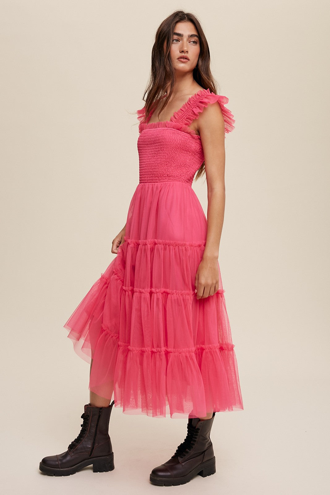 Hot Pink Smocked Ruffle Tiered Mesh Midi Dress PinkBlush Hot Pink Smocked Ruffle Tiered Mesh Midi Dress PinkBlush