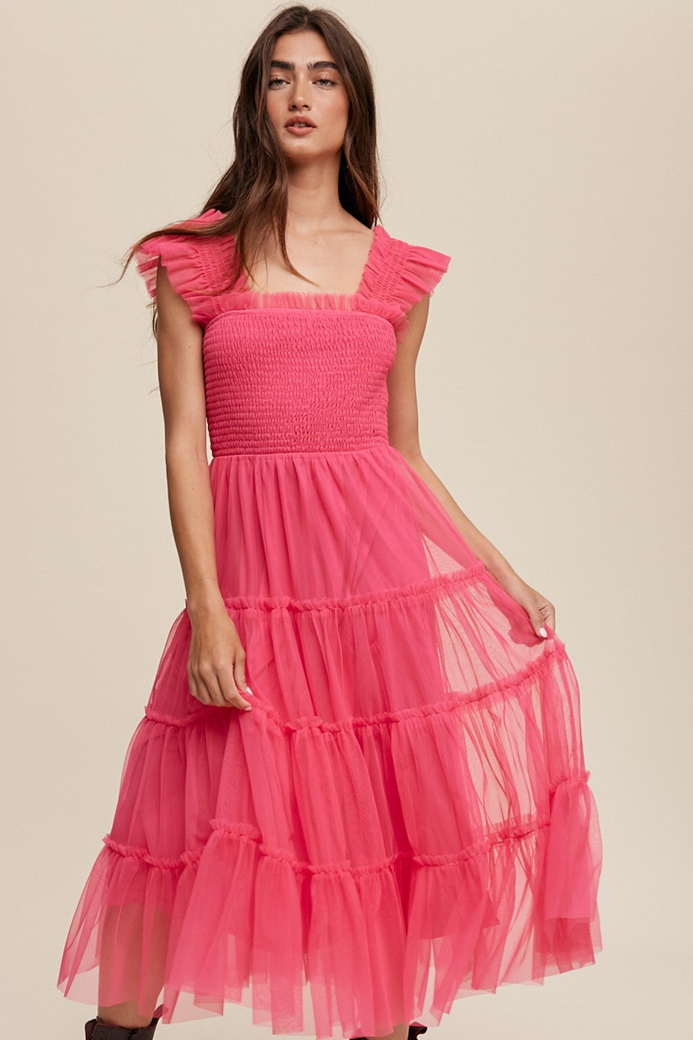 Hot Pink Smocked Ruffle Tiered Mesh Midi Dress – PinkBlush Hot Pink Smocked Ruffle Tiered Mesh Midi Dress – PinkBlush