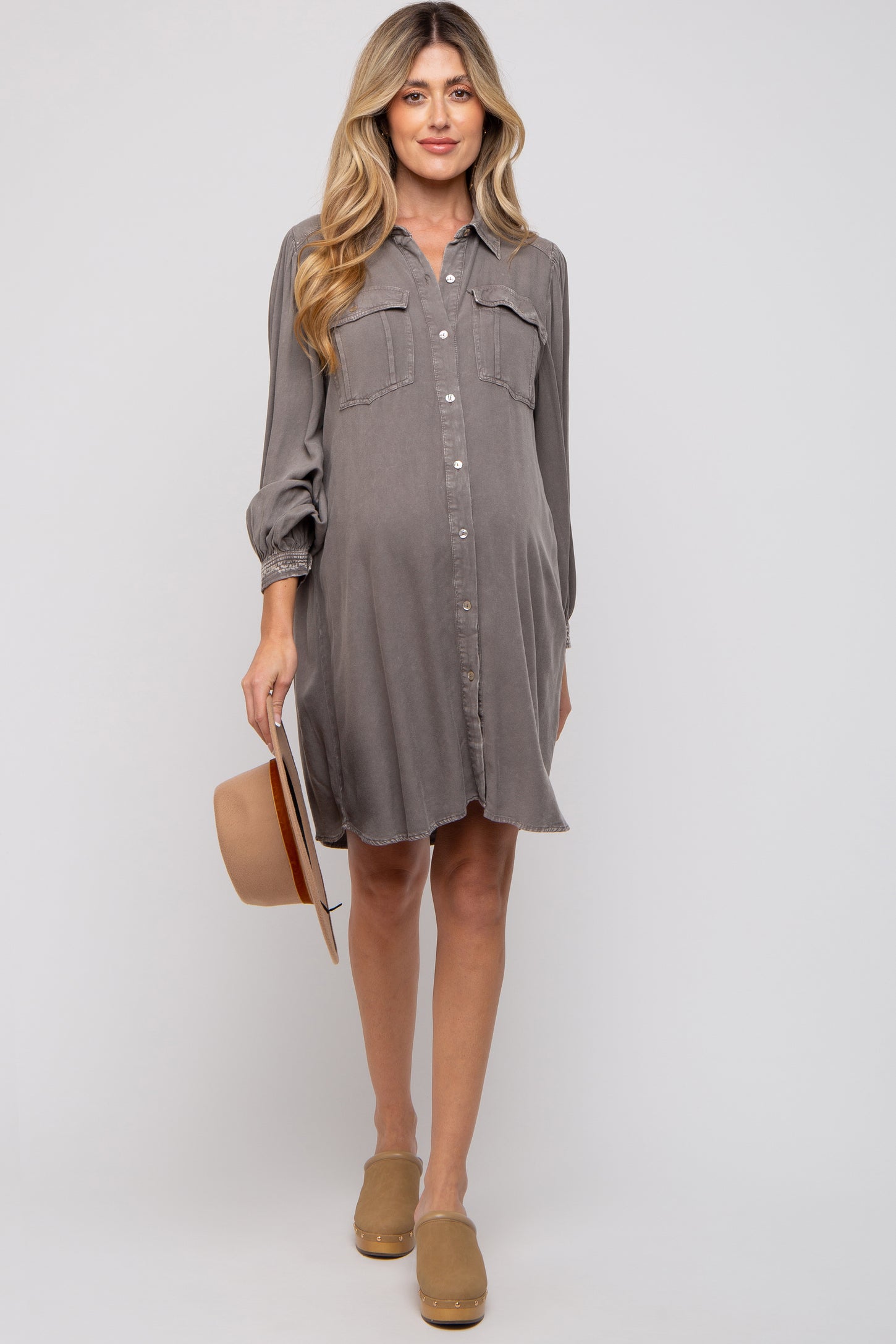 maternity shirt dress Charcoal Vintage Wash Maternity Shirt Dress – PinkBlush