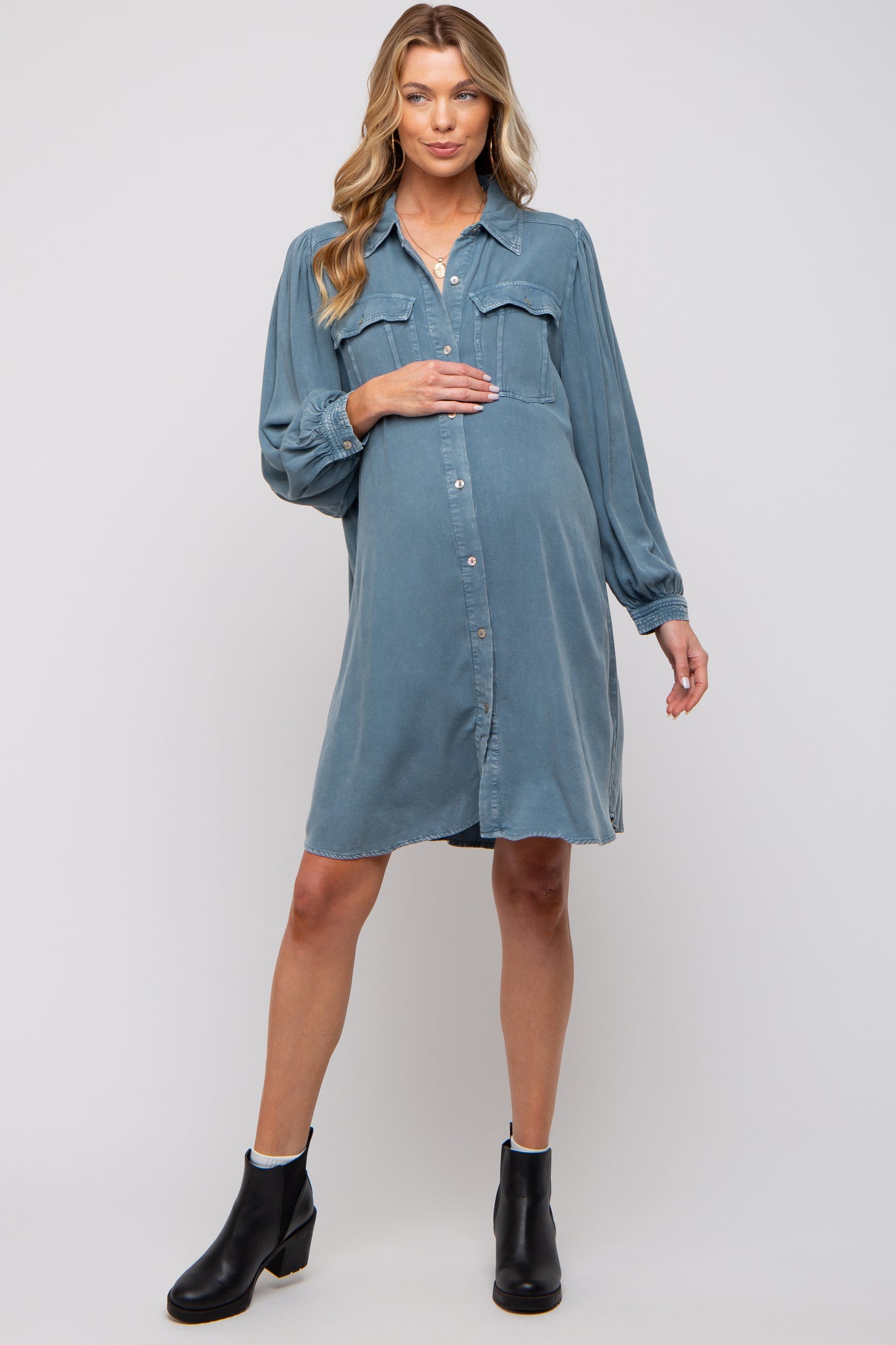 Navy Vintage Wash Maternity Shirt Dress PinkBlush Navy Vintage Wash Maternity Shirt Dress PinkBlush