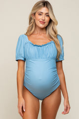 Light Blue Ruched Short Sleeve Maternity One-Piece Swimsuit