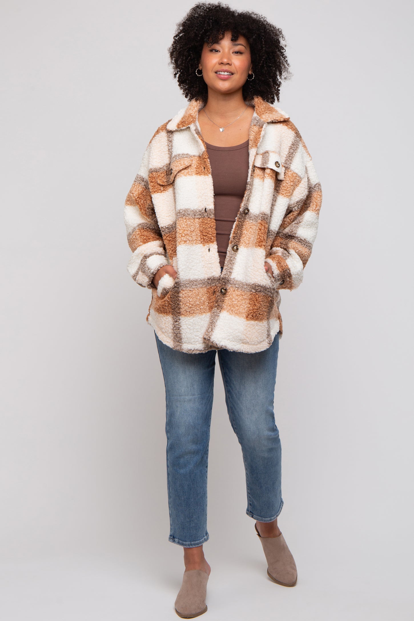 Taupe Textured Plaid Maternity Jacket