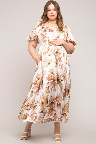cream colored plus size dresses Floral Satin Puff Sleeve Maternity Maxi Dress – PinkBlush StyleNumber_S79873 117 Hips Size:110 (Height 105–114 cm) HATCH Collection The Bianca