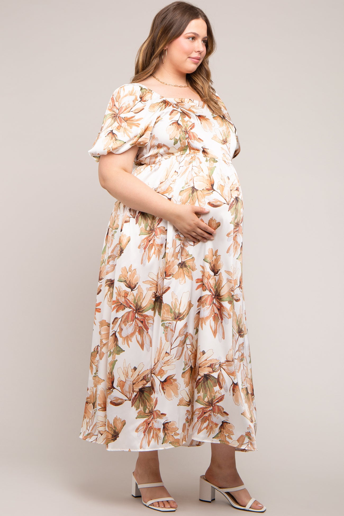 Cream Floral Satin Puff Sleeve Maternity Plus Maxi Dress PinkBlush Cream Floral Satin Puff Sleeve Maternity Plus Maxi Dress PinkBlush