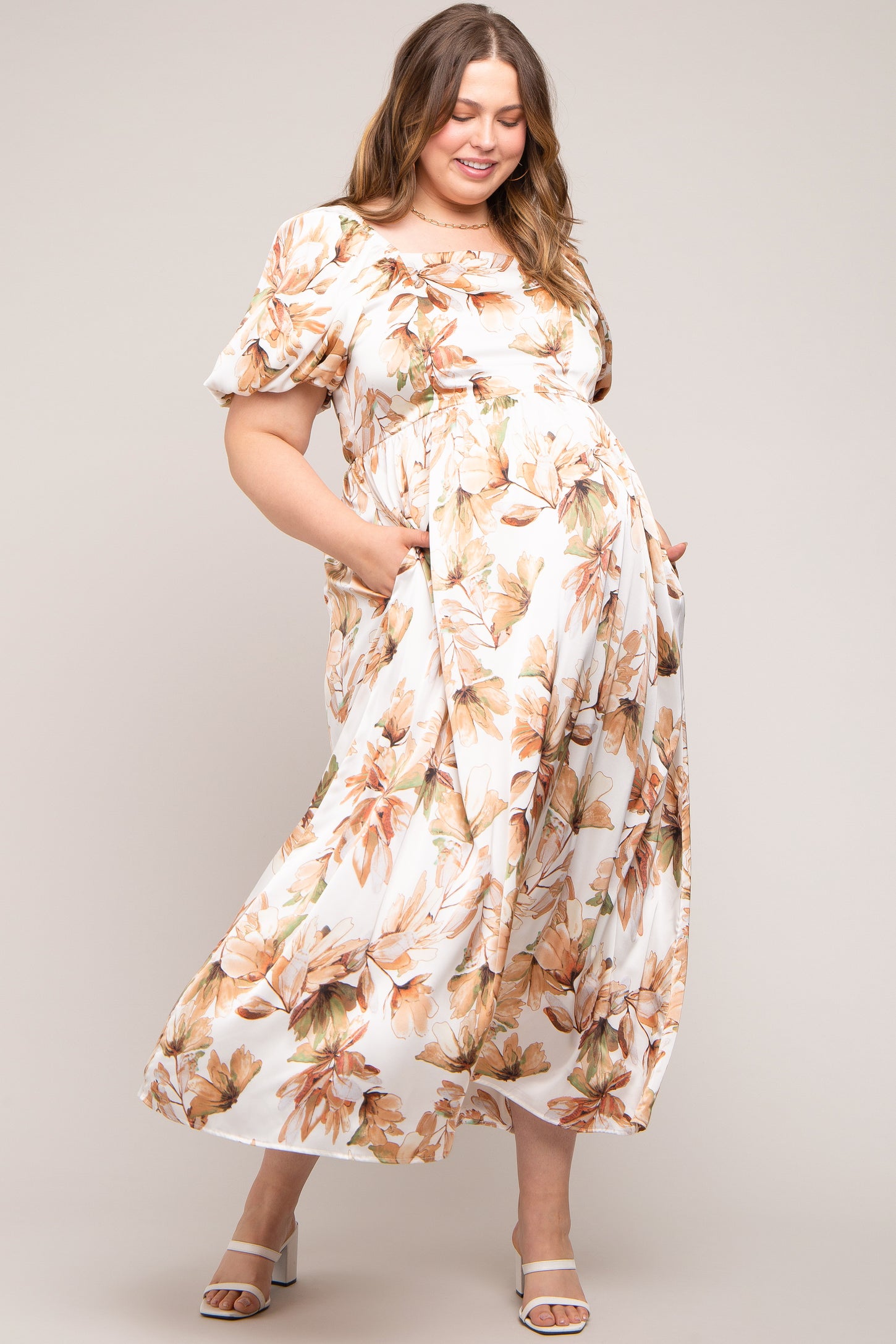 Cream Floral Satin Puff Sleeve Maternity Plus Maxi Dress – PinkBlush Cream Floral Satin Puff Sleeve Maternity Plus Maxi Dress – PinkBlush