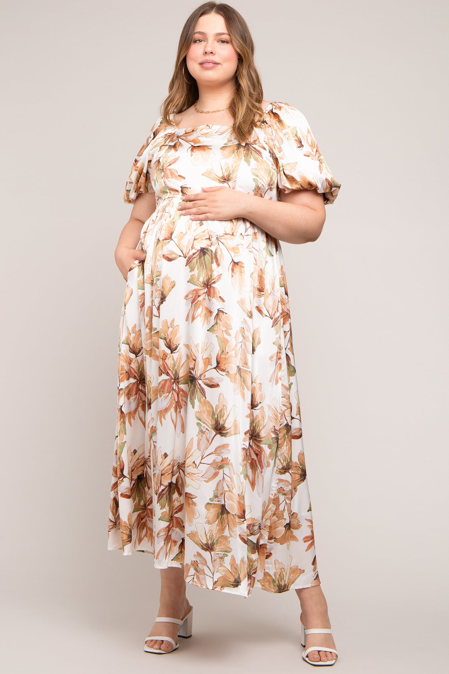 Cream Floral Satin Puff Sleeve Maternity Plus Maxi Dress – PinkBlush