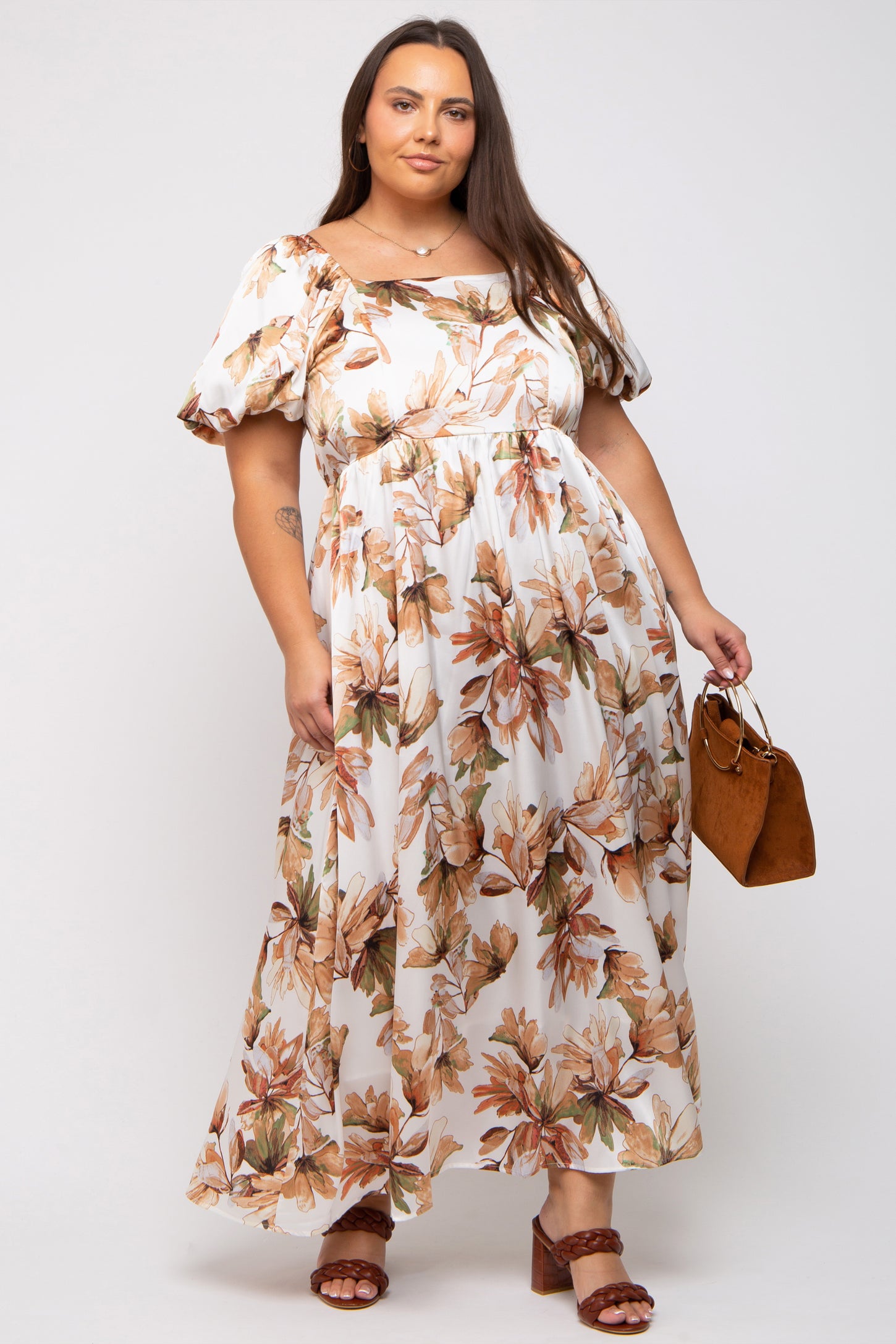 cream colored plus size dress Cream Floral Satin Puff Sleeve Maternity Plus Maxi Dress – PinkBlush