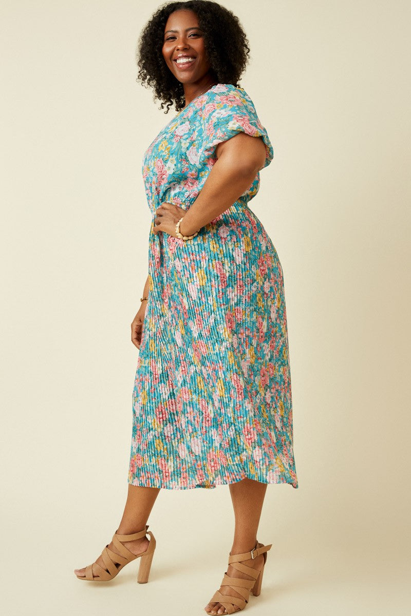 Teal Floral Pleated Plus Size Midi Dress – PinkBlush