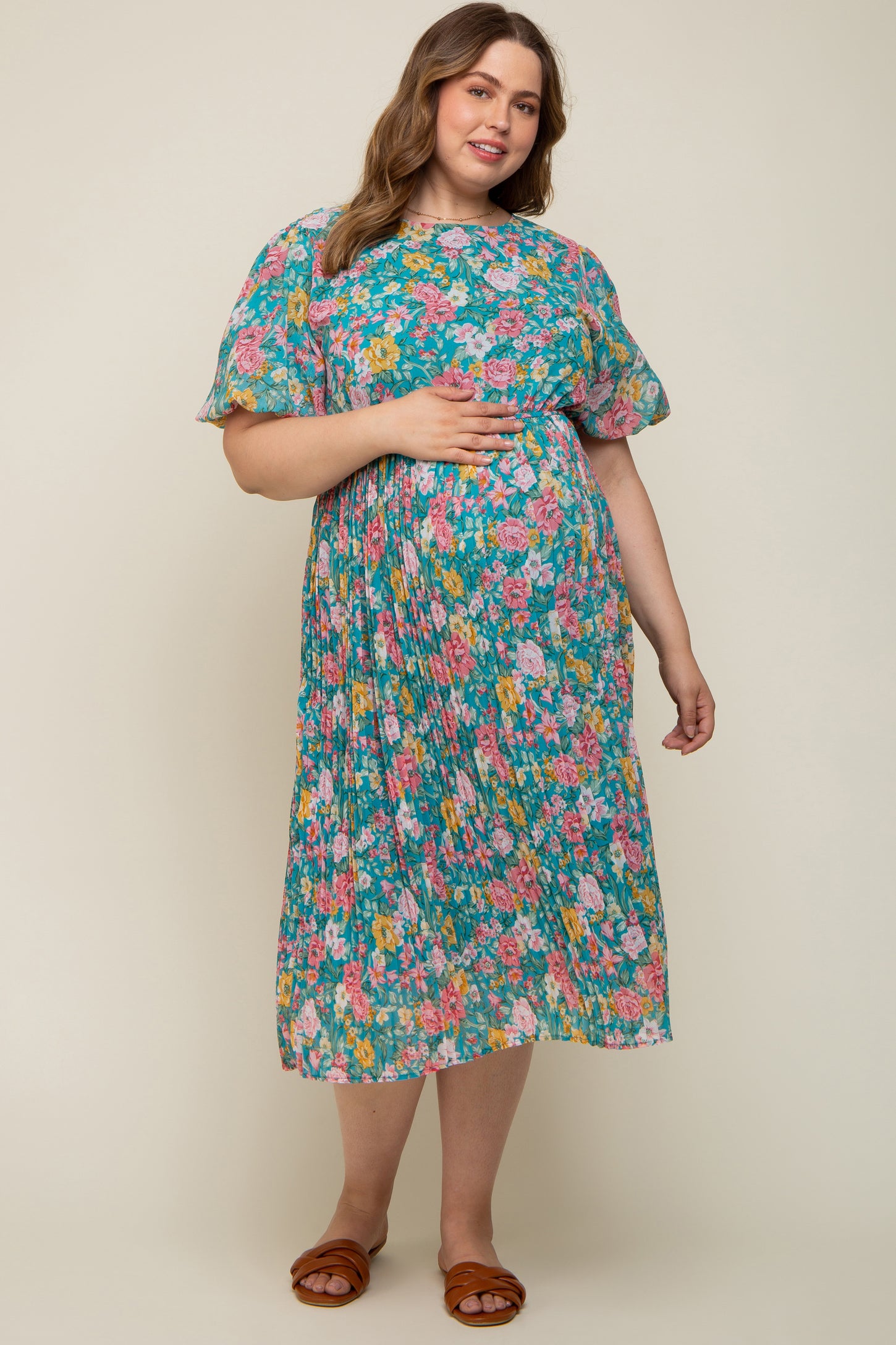 Teal Floral Pleated Maternity Plus Size Midi Dress 1x Teal Floral Pleated Maternity Plus Size Midi Dress 1x