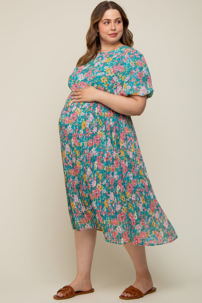 Teal Floral Pleated Maternity Plus Size Midi Dress Teal Floral Pleated Maternity Plus Size Midi Dress