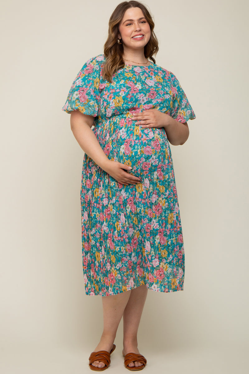 Teal Floral Pleated Maternity Plus Size Midi Dress 1x
