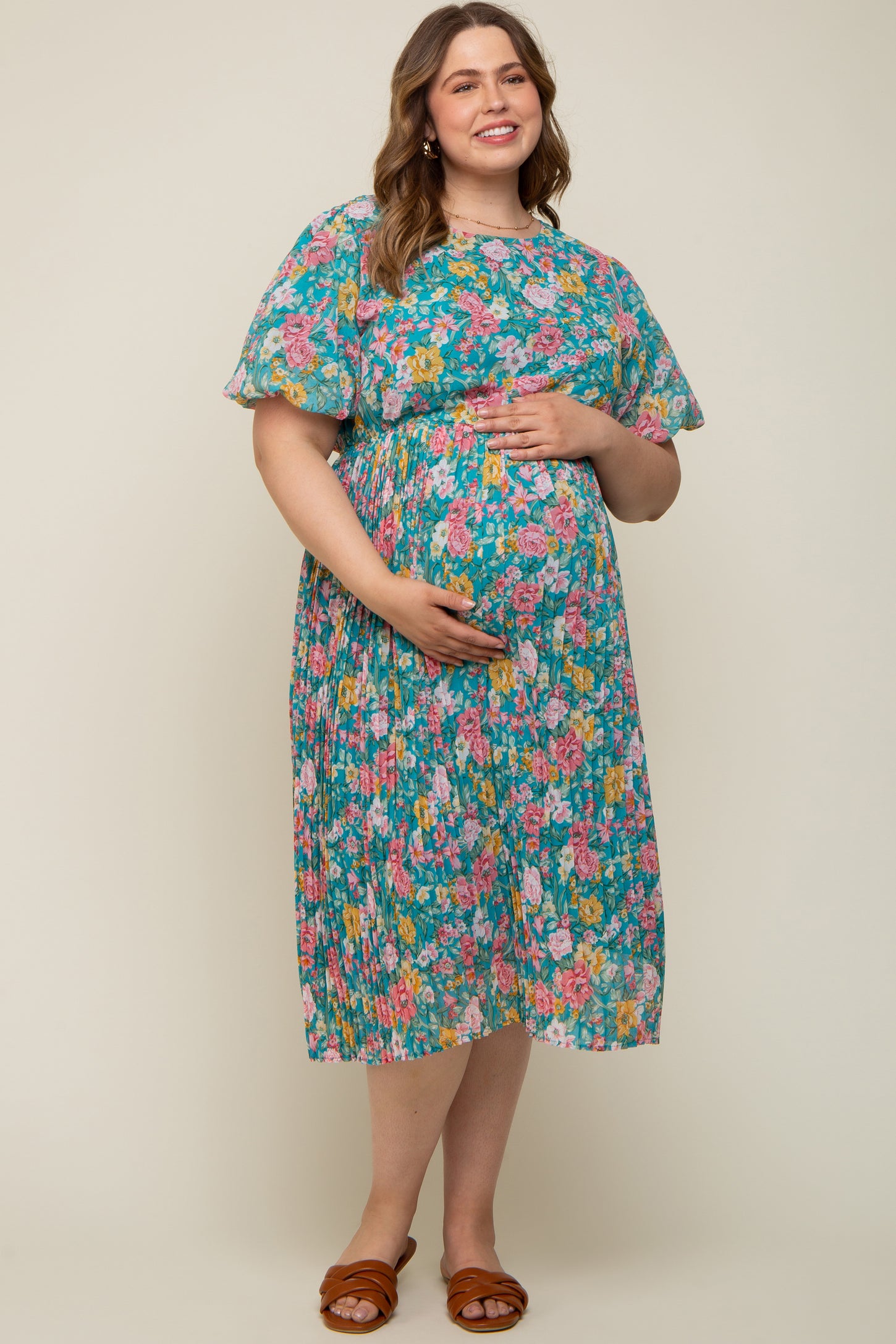 Teal Floral Pleated Maternity Plus Size Midi Dress PinkBlush Teal Floral Pleated Maternity Plus Size Midi Dress PinkBlush