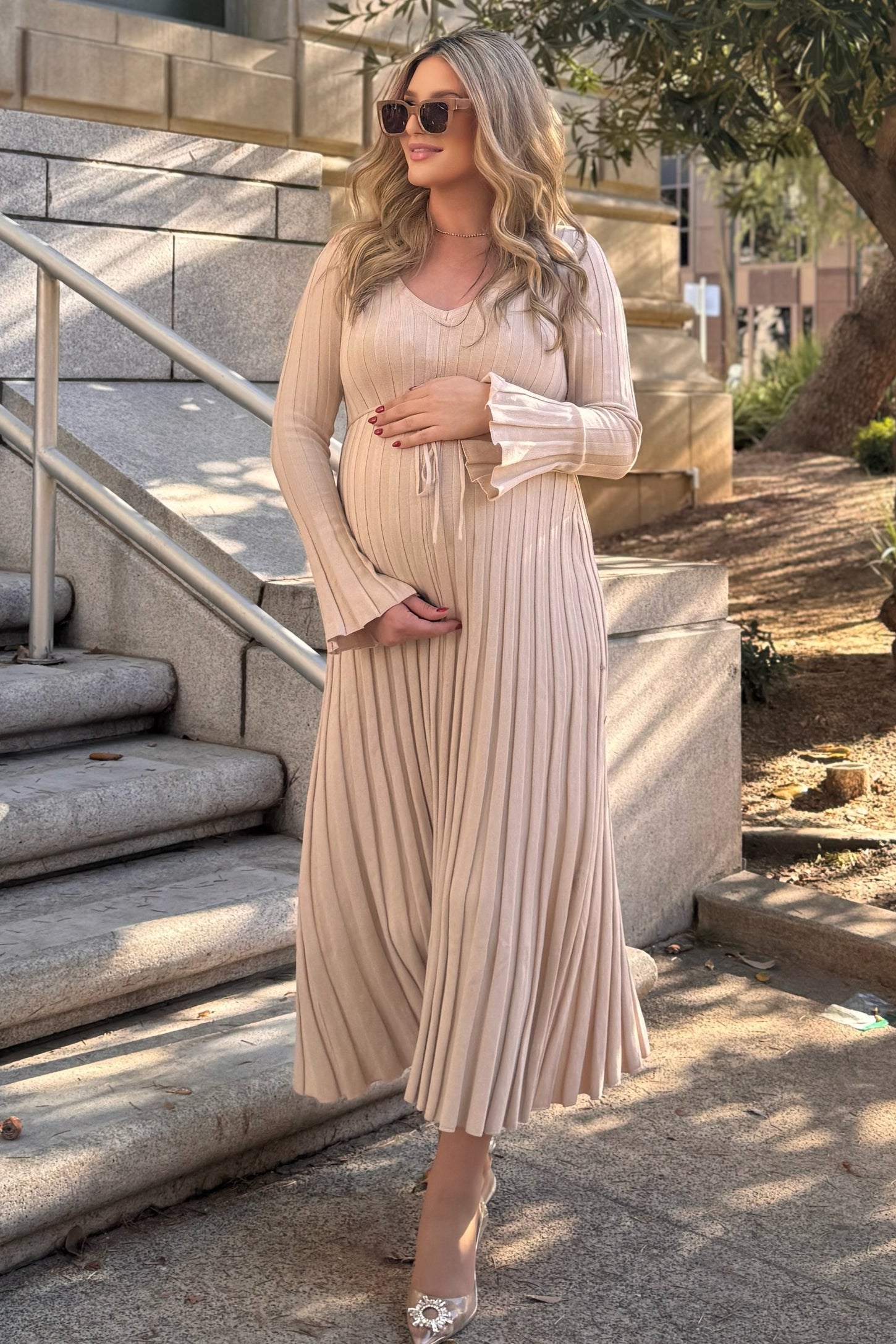 knit maternity dress Pinkblush Taupe Ribbed Maxi Small AM-KS-10122 Do not bleach V-neck Flowers Long Lace color:pink