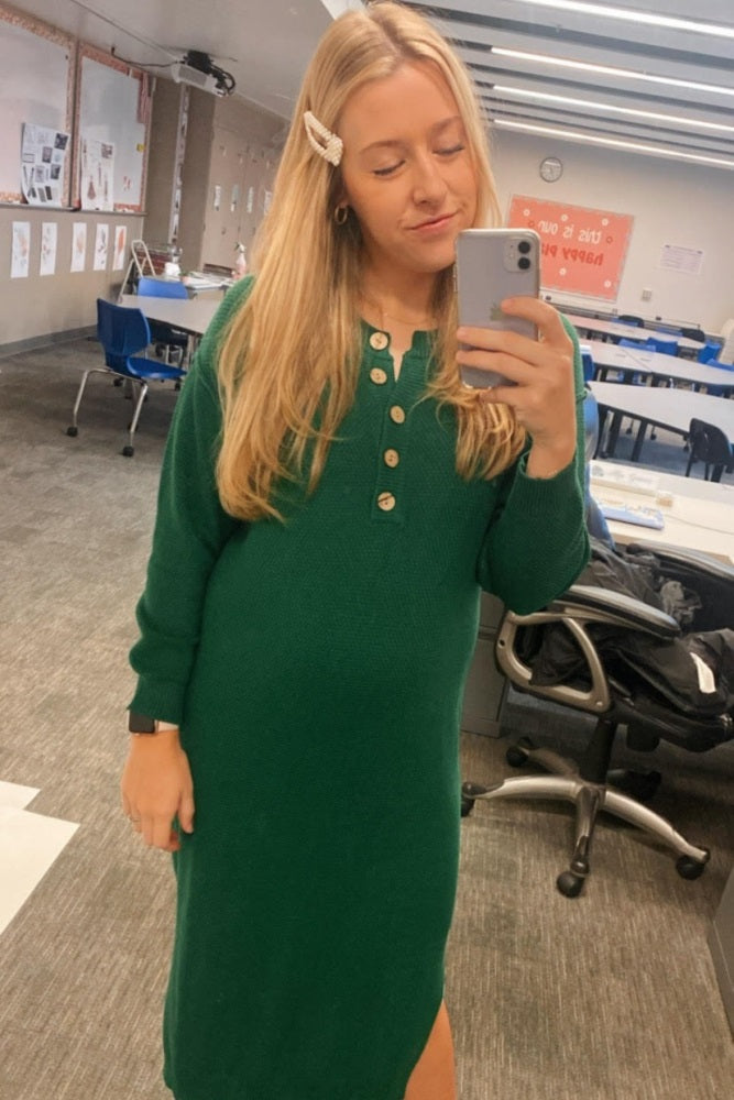 Hunter Green Waffle Knit Button Long Sleeve Maternity Midi Dress