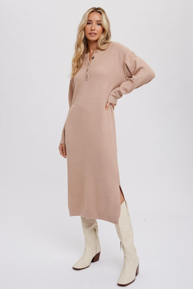 Taupe Waffle Knit Button Long Sleeve Midi Dress – PinkBlush