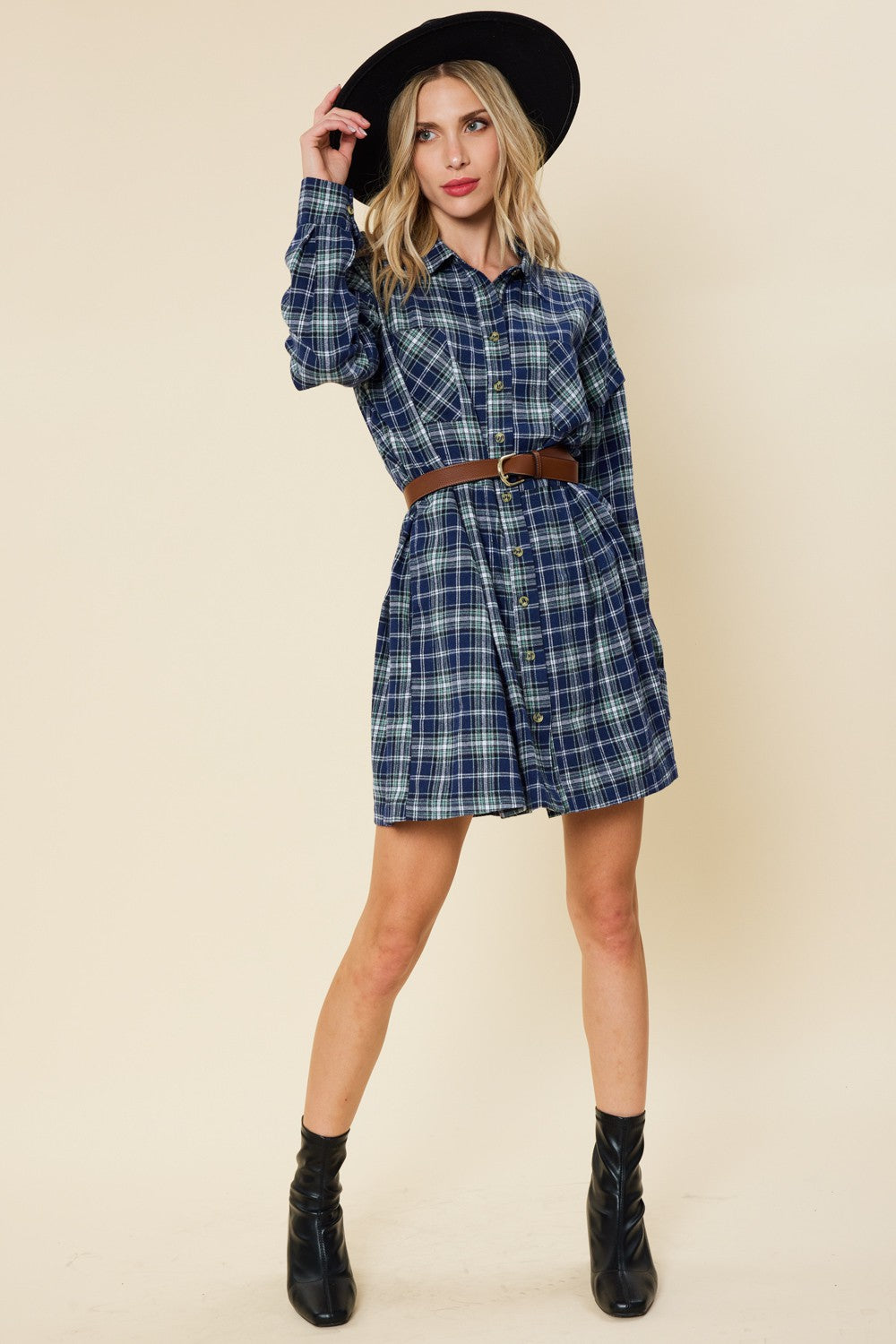 Navy Plaid Button Front Long Sleeve Maternity Dress