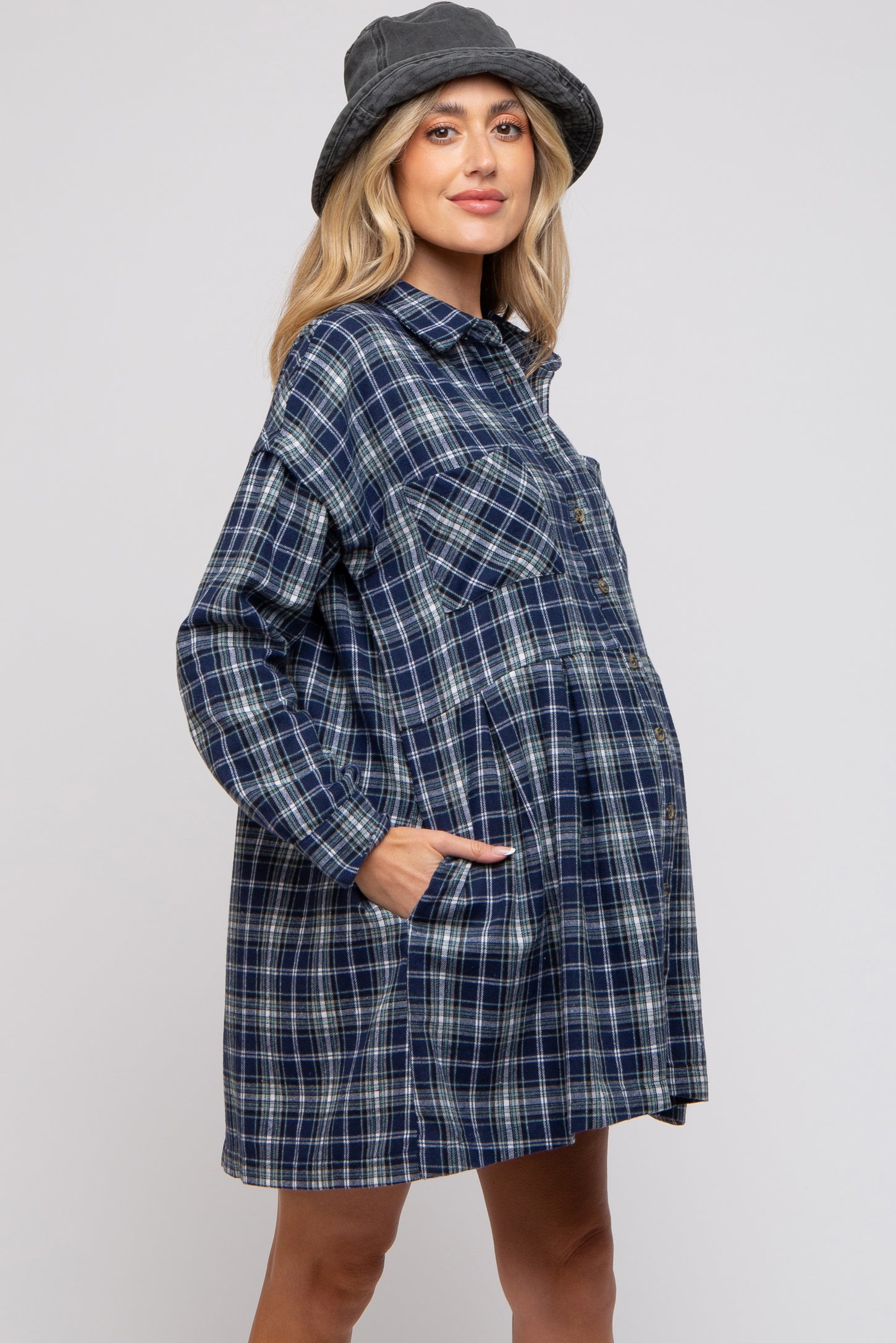 blue plaid maternity dress SHEIN Maternity Plaid Shirred Drawstring Casual Dress