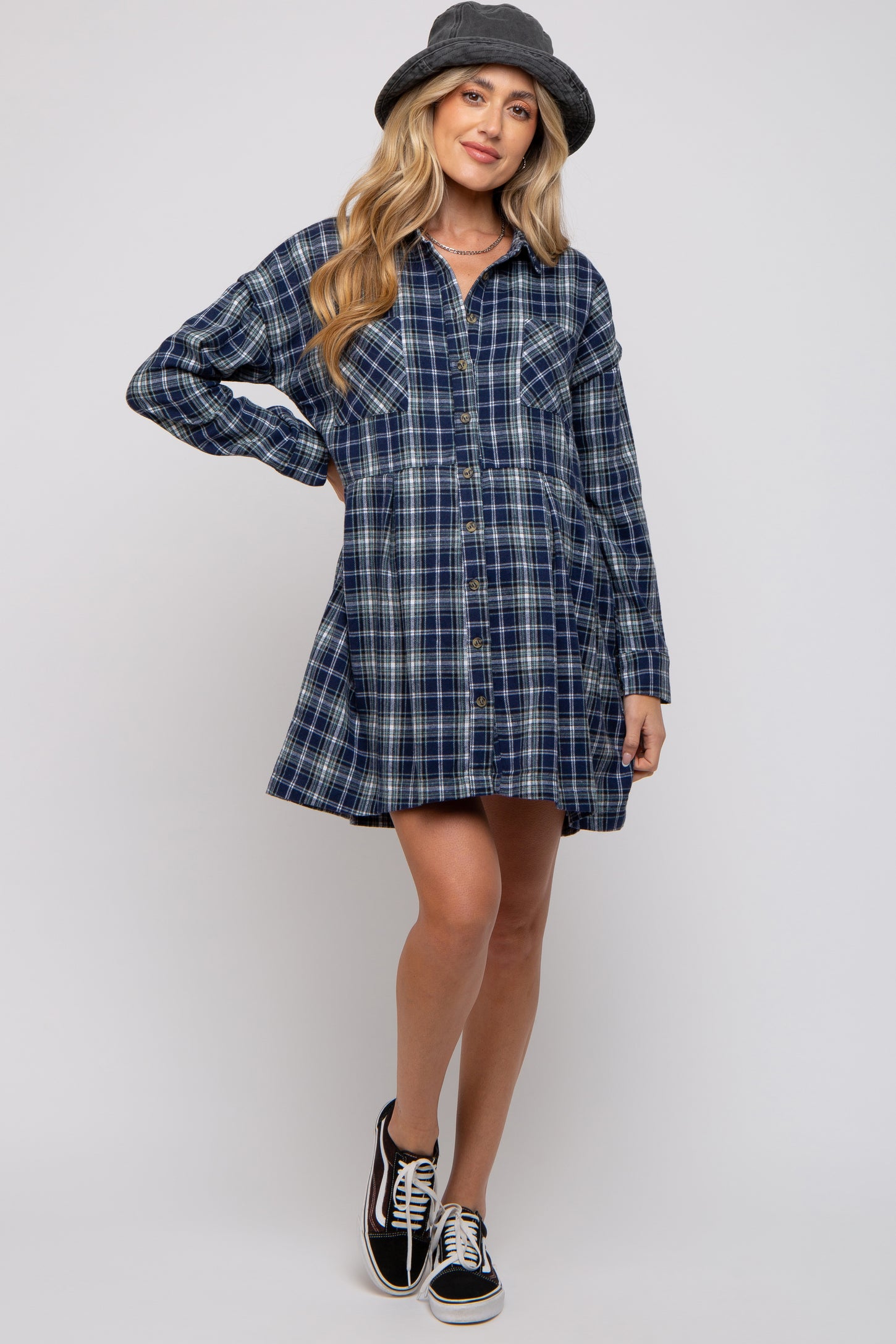 Navy Plaid Button Front Long Sleeve Maternity Dress Navy Plaid Button Front Long Sleeve Maternity Dress