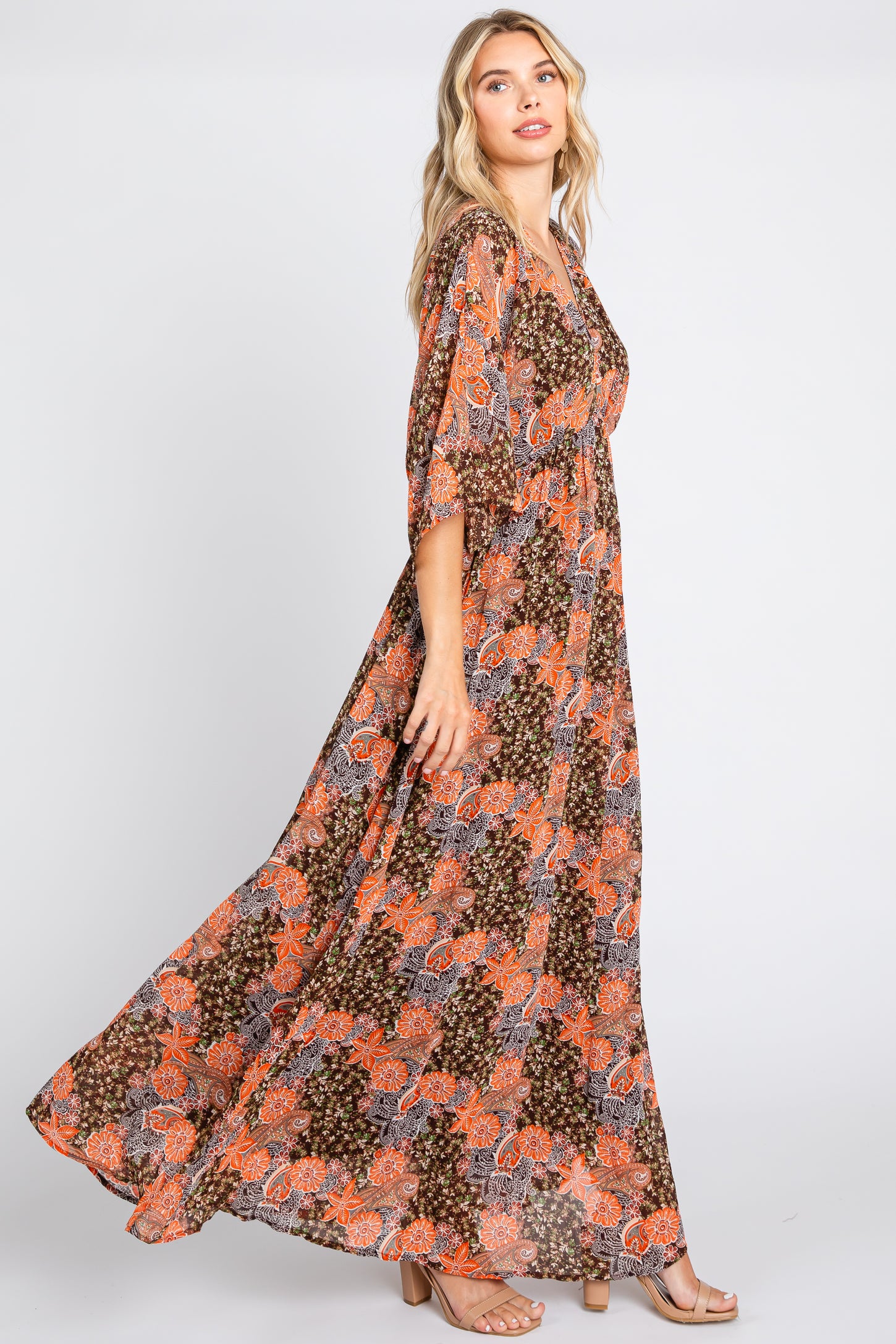 Brown Floral Paisley Chiffon Maxi Dress PinkBlush Brown Floral Paisley Chiffon Maxi Dress PinkBlush