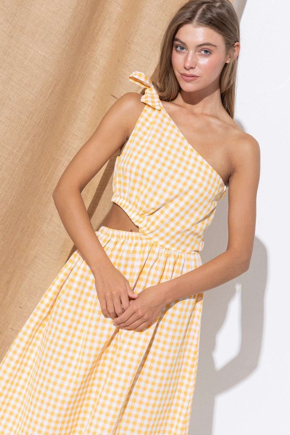 yellow plaid dress Yellow Plaid Sleeveless Midi Skirt Dress