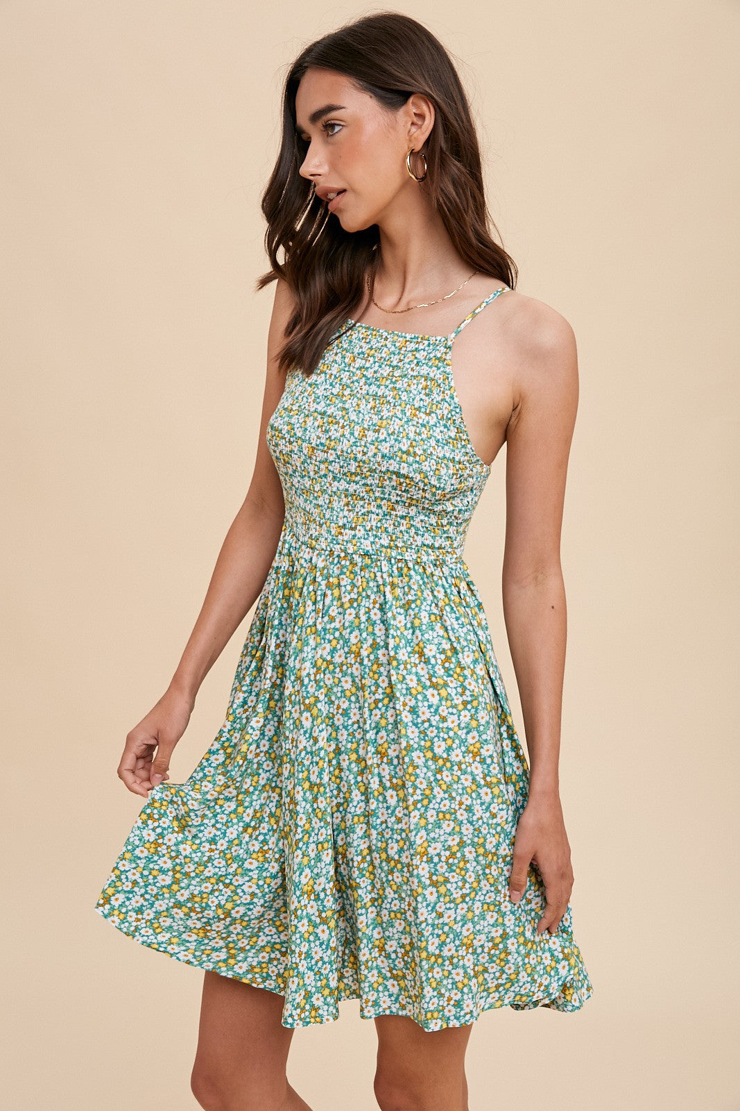 Green Floral Smocked Cami Mini Dress Medium Green Floral Smocked Cami Mini Dress Medium