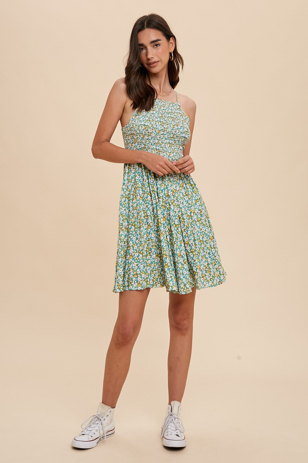 Green Floral Smocked Cami Mini Dress Medium Green Floral Smocked Cami Mini Dress Medium