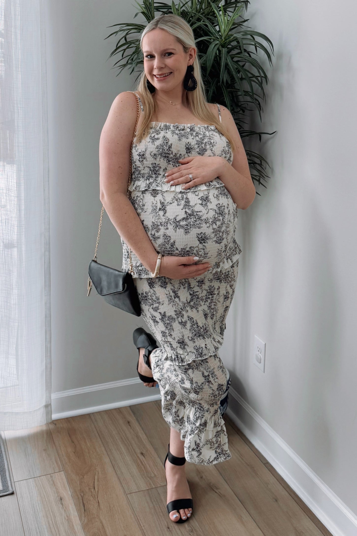 midi fitted maternity dress Cream Floral Smocked Fitted Maternity Midi Dress
