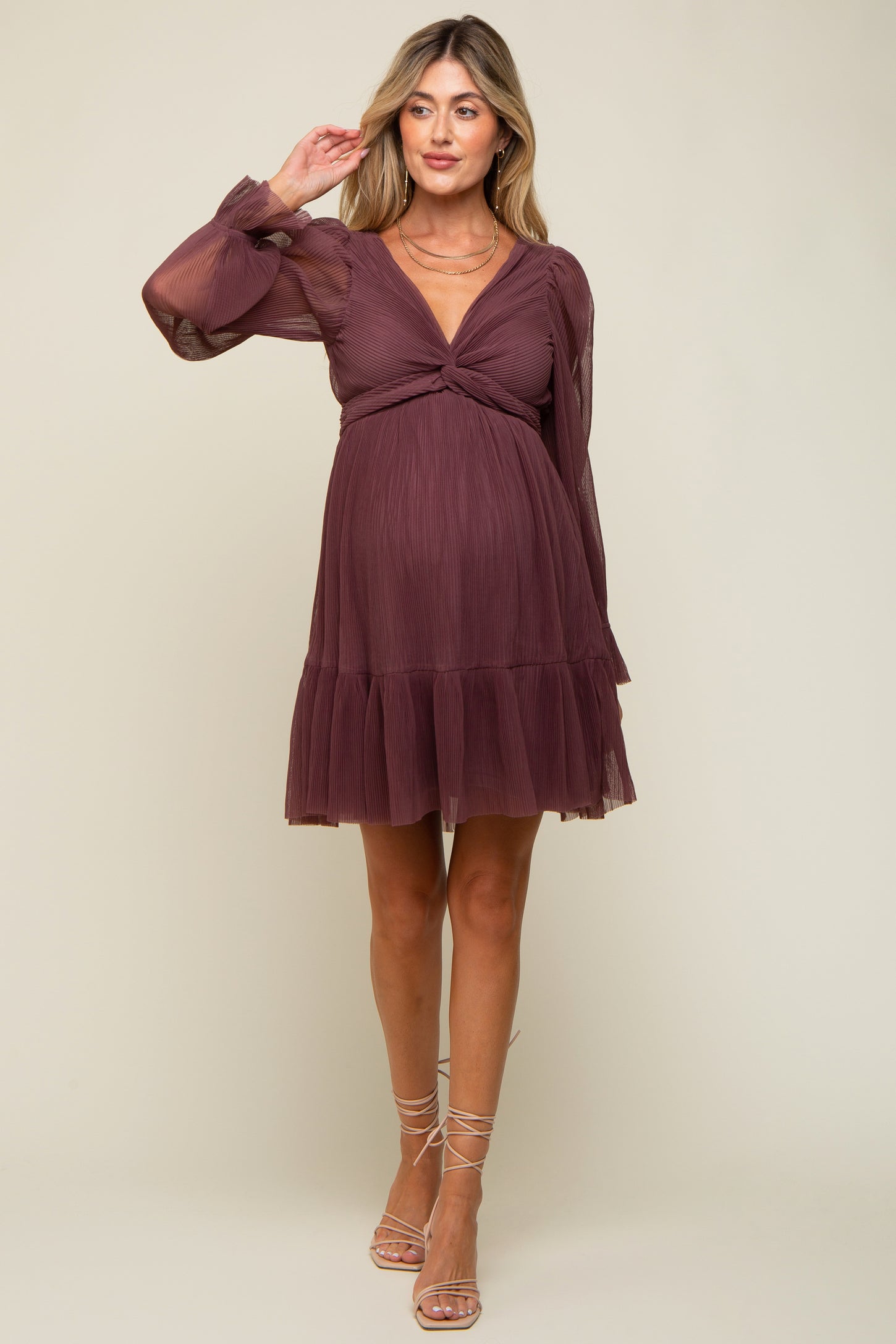 Purple Pleated Knotted Long Sleeve Maternity Dress Purple Pleated Knotted Long Sleeve Maternity Dress