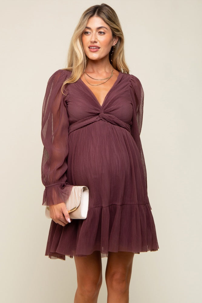 Purple Pleated Knotted Long Sleeve Maternity Dress