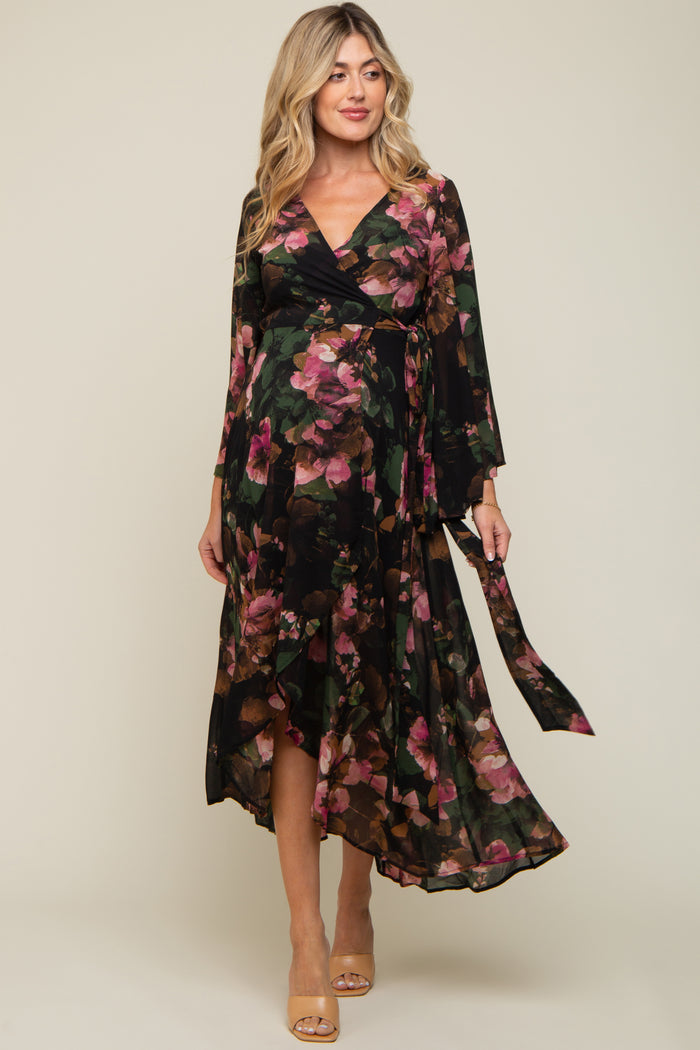 Green Floral Chiffon Wrap Front Hi-Low Maternity Dress