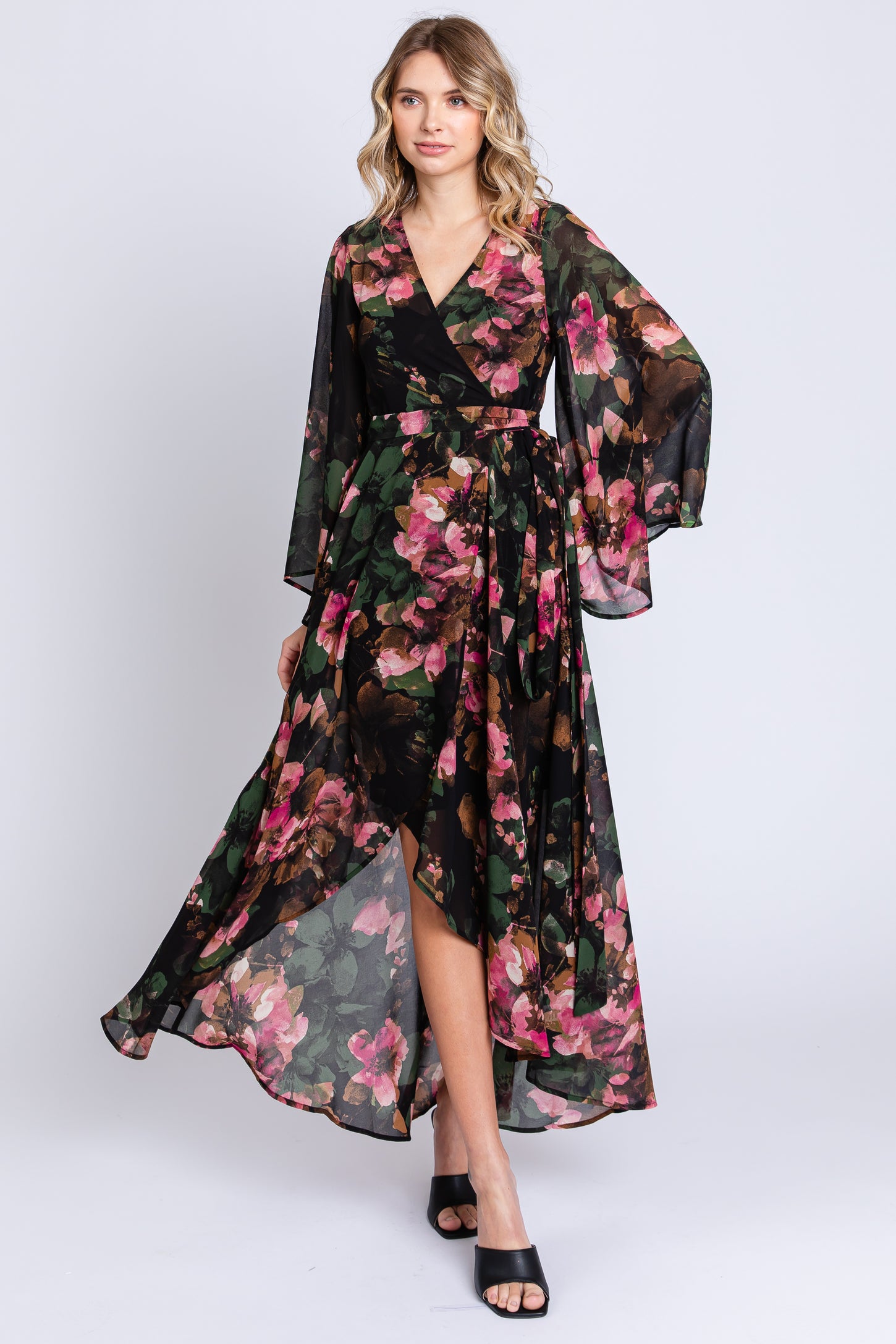 Green Floral Chiffon Wrap Front Hi-Low Dress Green Floral Chiffon Wrap Front Hi-Low Dress