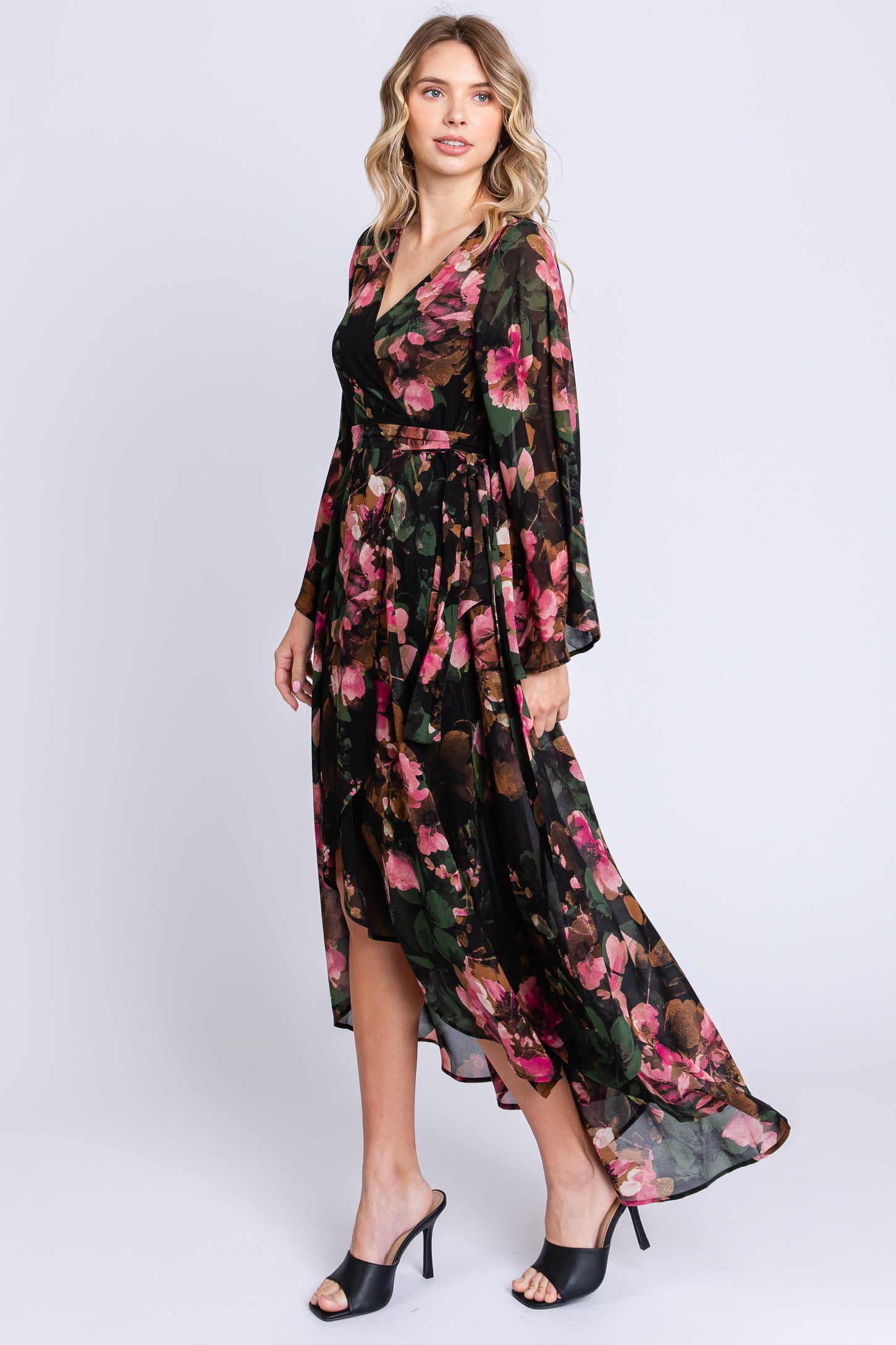 Green Floral Chiffon Wrap Front Hi-Low Dress – PinkBlush