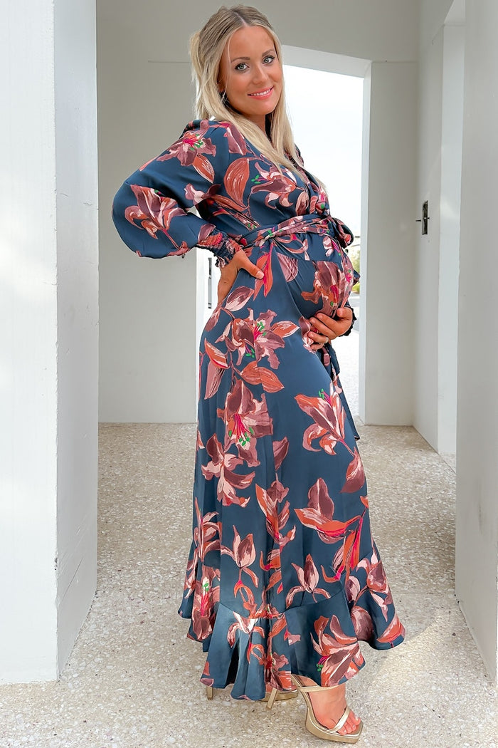Dark Teal Satin Asymmetrical Flounce Trim Maternity Midi Dress