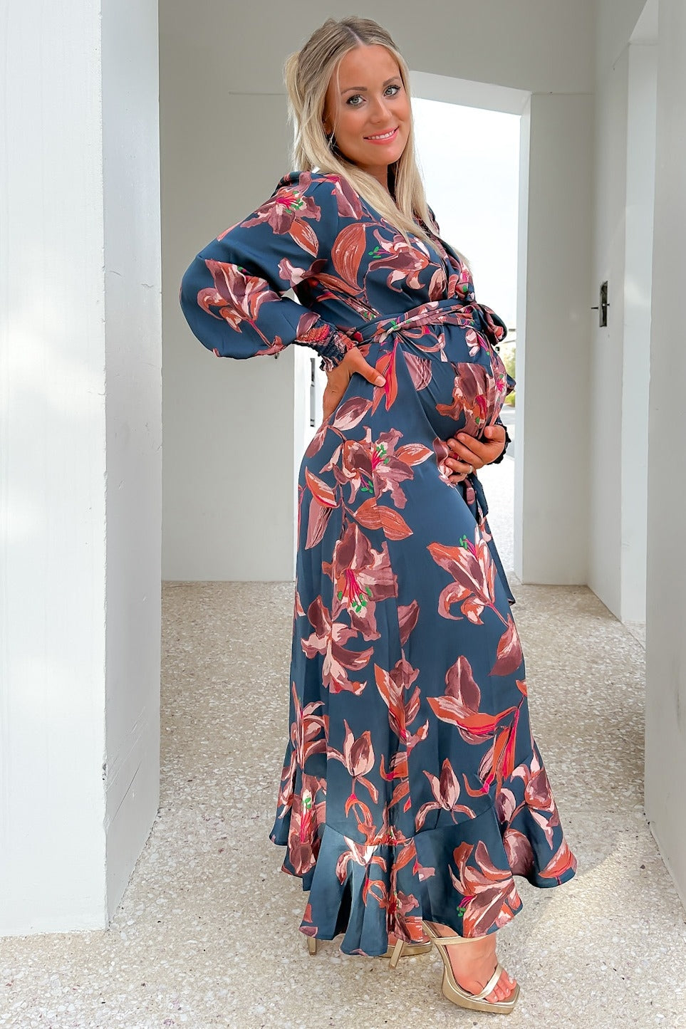 Dark Teal Satin Asymmetrical Flounce Trim Maternity Midi Dress PinkBlush Dark Teal Satin Asymmetrical Flounce Trim Maternity Midi Dress PinkBlush
