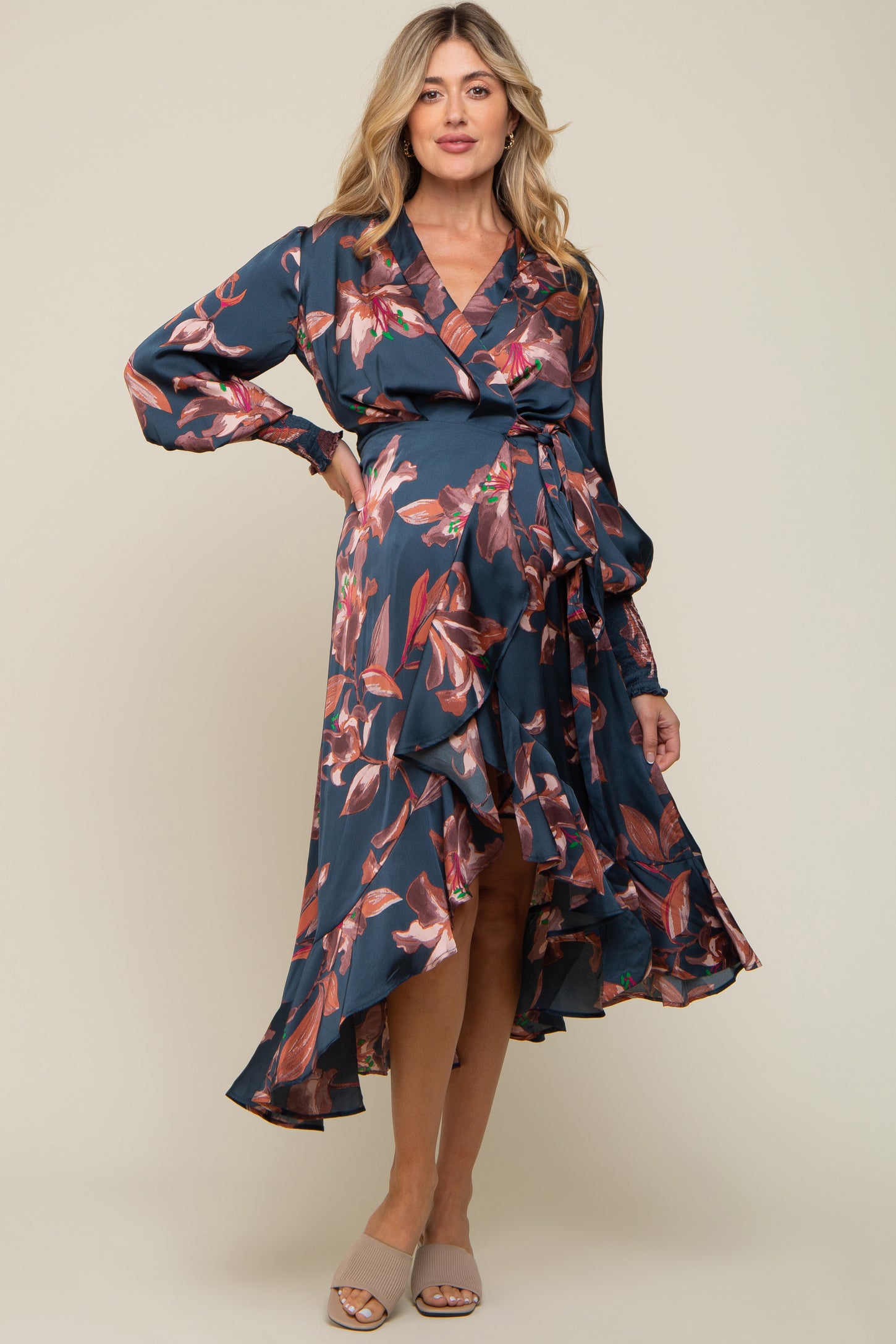Dark Teal Satin Asymmetrical Flounce Trim Maternity Midi Dress PinkBlush Dark Teal Satin Asymmetrical Flounce Trim Maternity Midi Dress PinkBlush