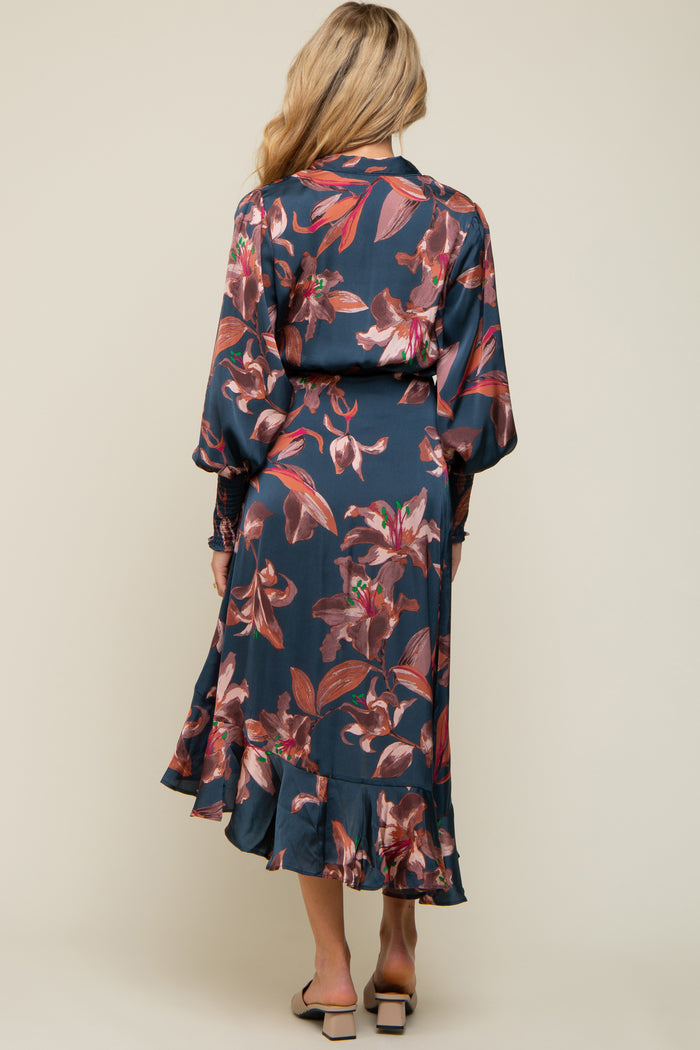 Dark Teal Satin Asymmetrical Flounce Trim Maternity Midi Dress
