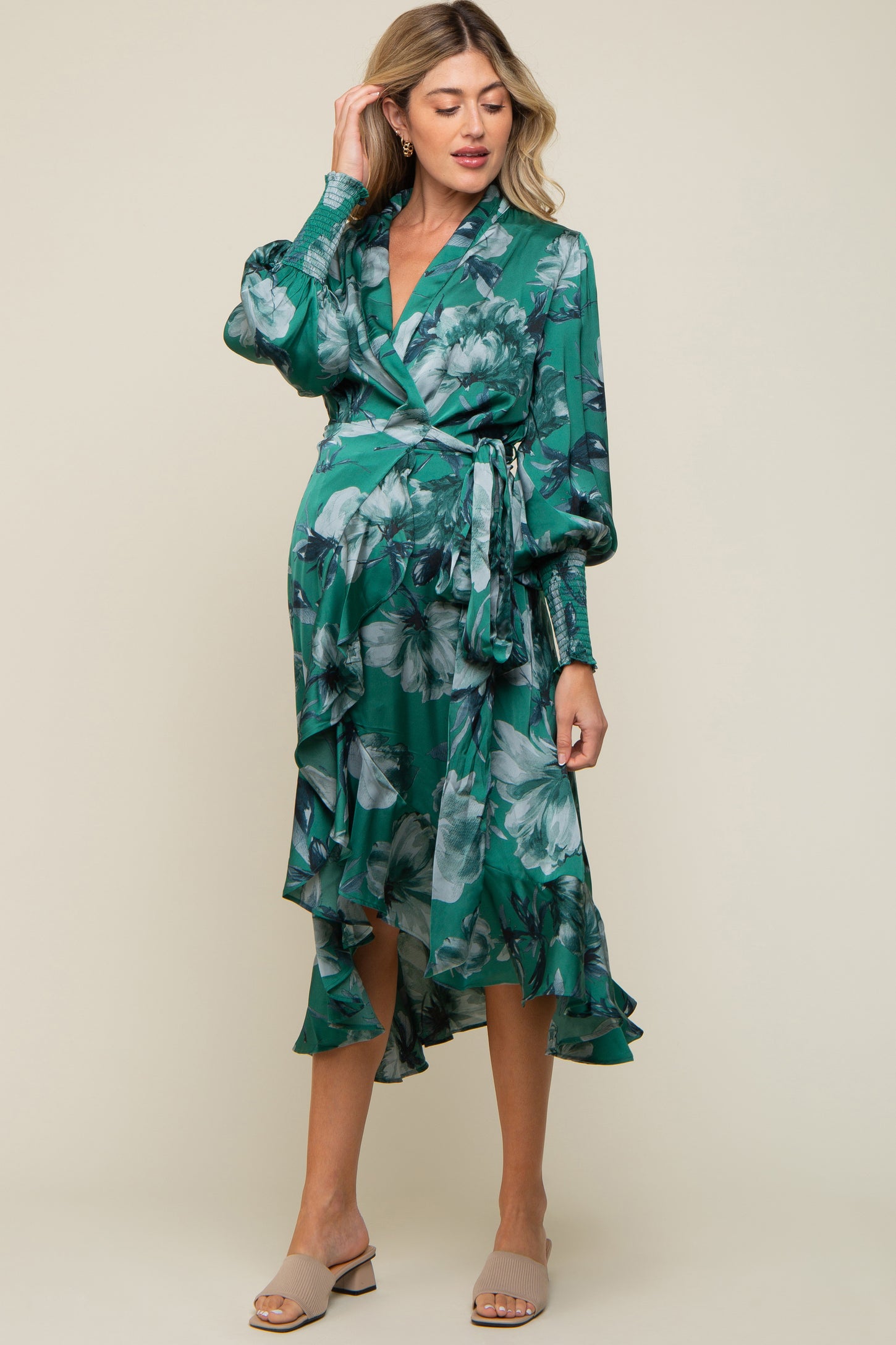 Green Satin Asymmetrical Flounce Trim Maternity Midi Dress Small Green Satin Asymmetrical Flounce Trim Maternity Midi Dress Small