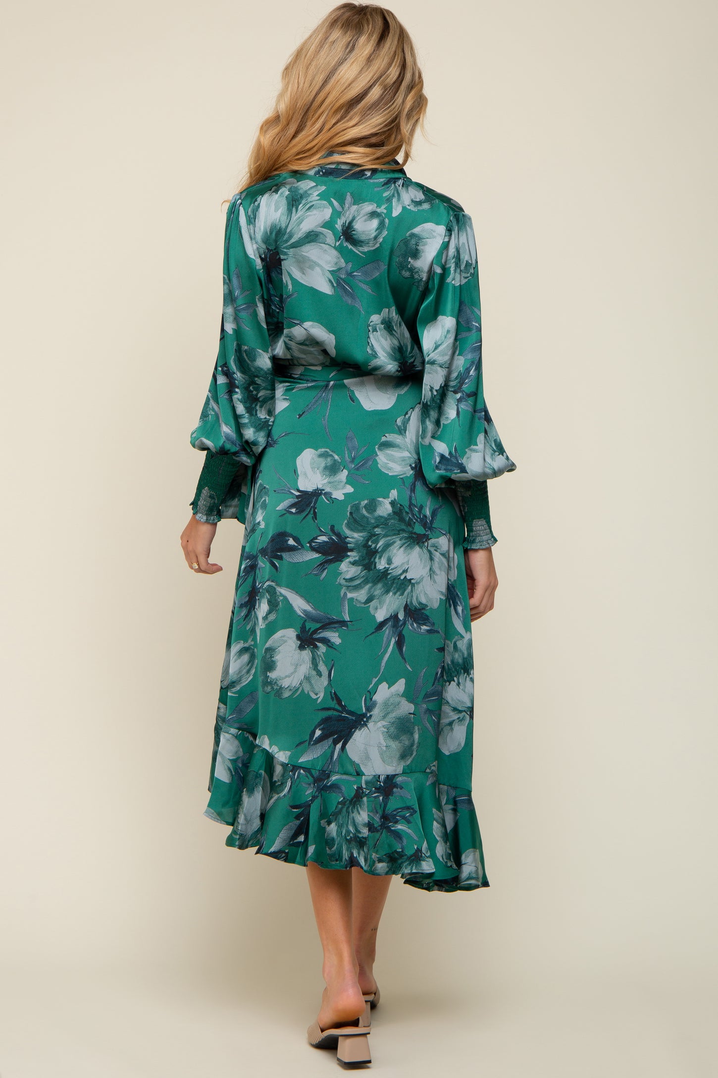 Green Satin Asymmetrical Flounce Trim Maternity Midi Dress Small Green Satin Asymmetrical Flounce Trim Maternity Midi Dress Small