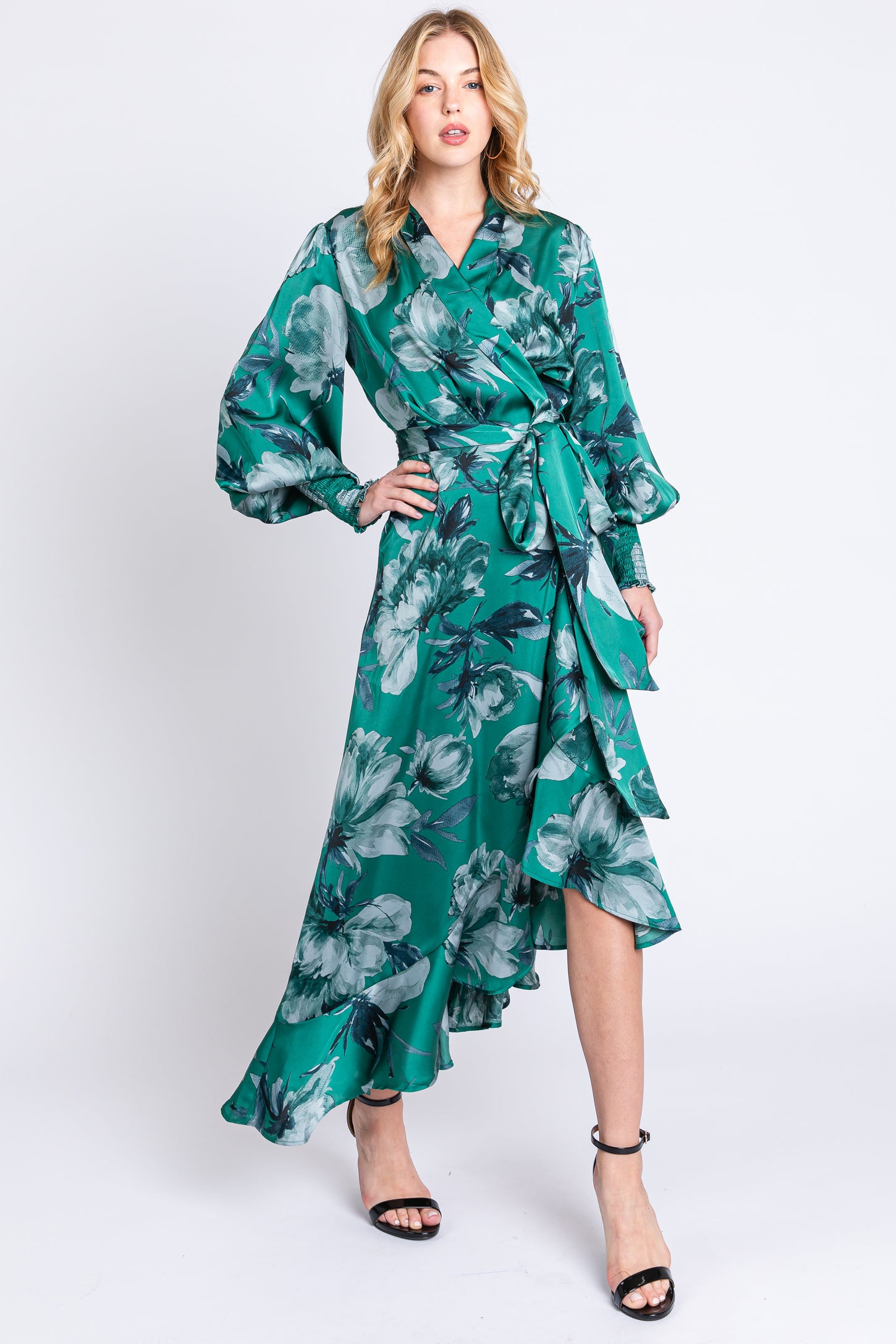 Green Satin Asymmetrical Flounce Trim Maternity Midi Dress Small