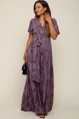 Purple Floral Wrap Front V-Neck Flutter Short Sleeve Maternity Maxi Dress