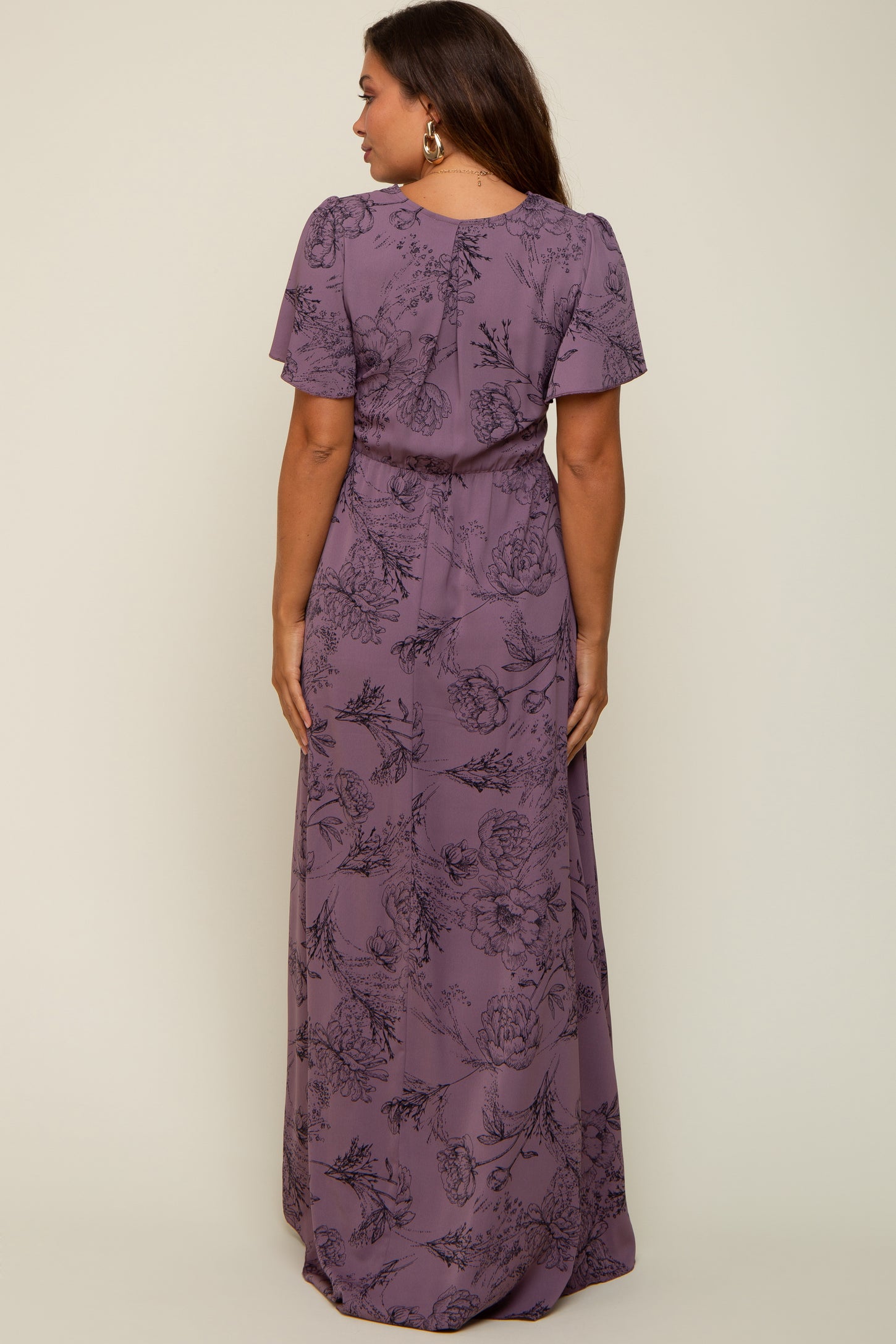 Purple Floral Wrap Front V-Neck Flutter Short Sleeve Maternity Maxi Dr PinkBlush Purple Floral Wrap Front V-Neck Flutter Short Sleeve Maternity Maxi Dr PinkBlush