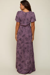 Purple Floral Wrap Front V-Neck Flutter Short Sleeve Maternity Maxi Dress