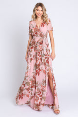Mauve Floral V-Neck Side Slit Maternity Dress
