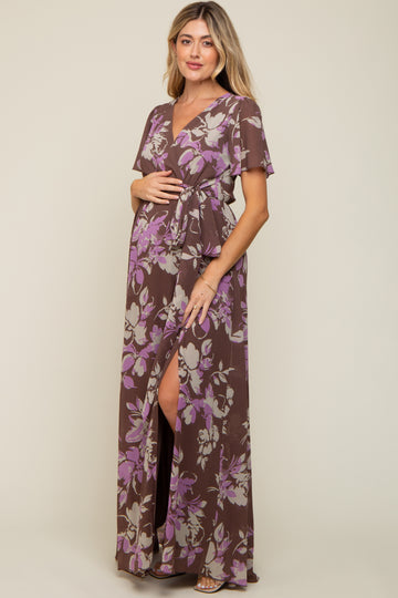 Brown Floral V-Neck Side Slit Maternity Dress