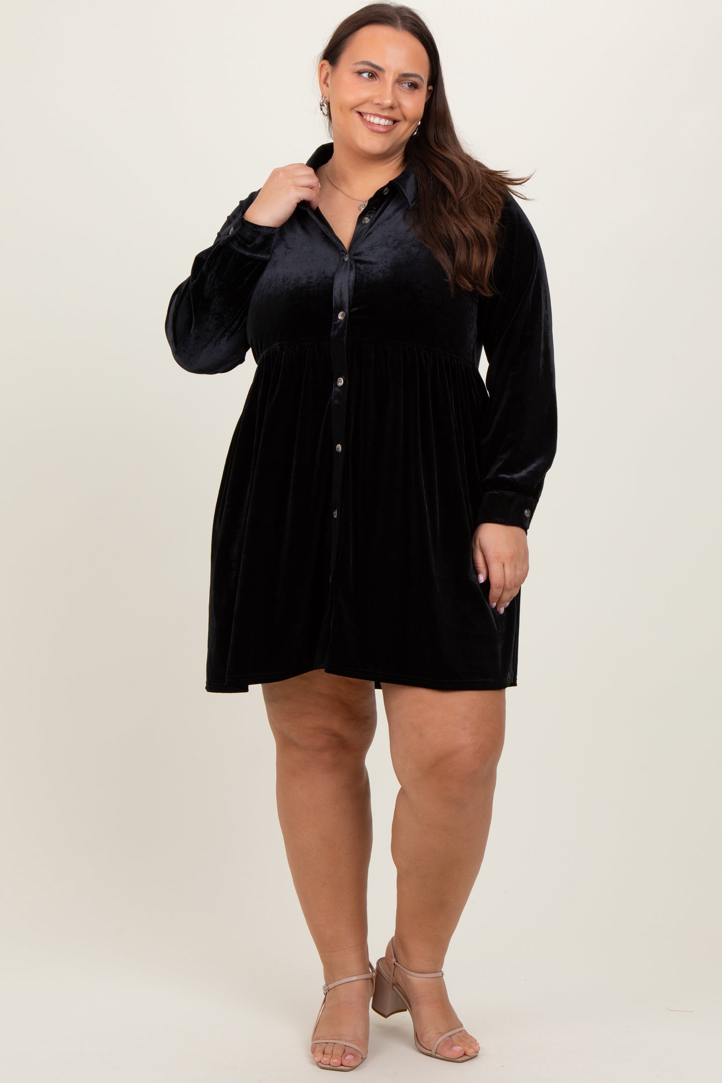 Black Velvet Button Down Plus Mini Dress – PinkBlush