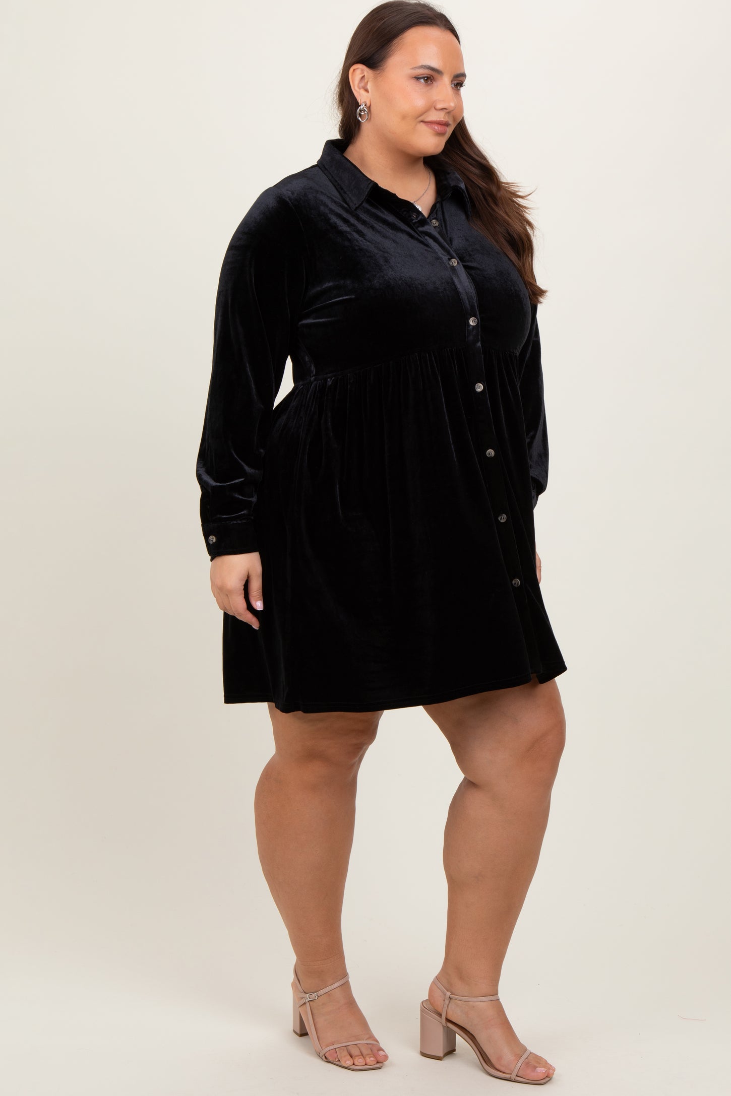Black Velvet Button Down Plus Mini Dress – PinkBlush