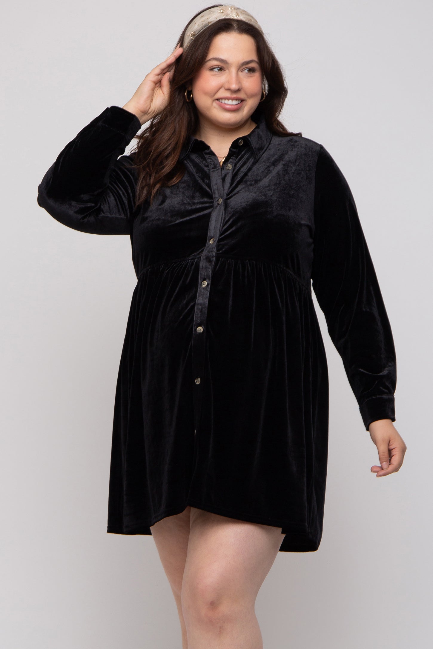 Black Velvet Button Down Maternity Plus Mini Dress PinkBlush Black Velvet Button Down Maternity Plus Mini Dress PinkBlush